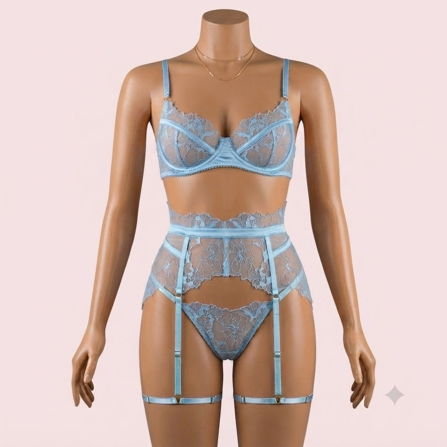 Blue Bra Panty Set with Garter Belt and Straps – Lingerie