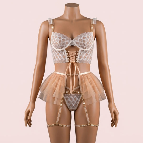 Beige Bra Panty Set with Garter Belt – Lingerie