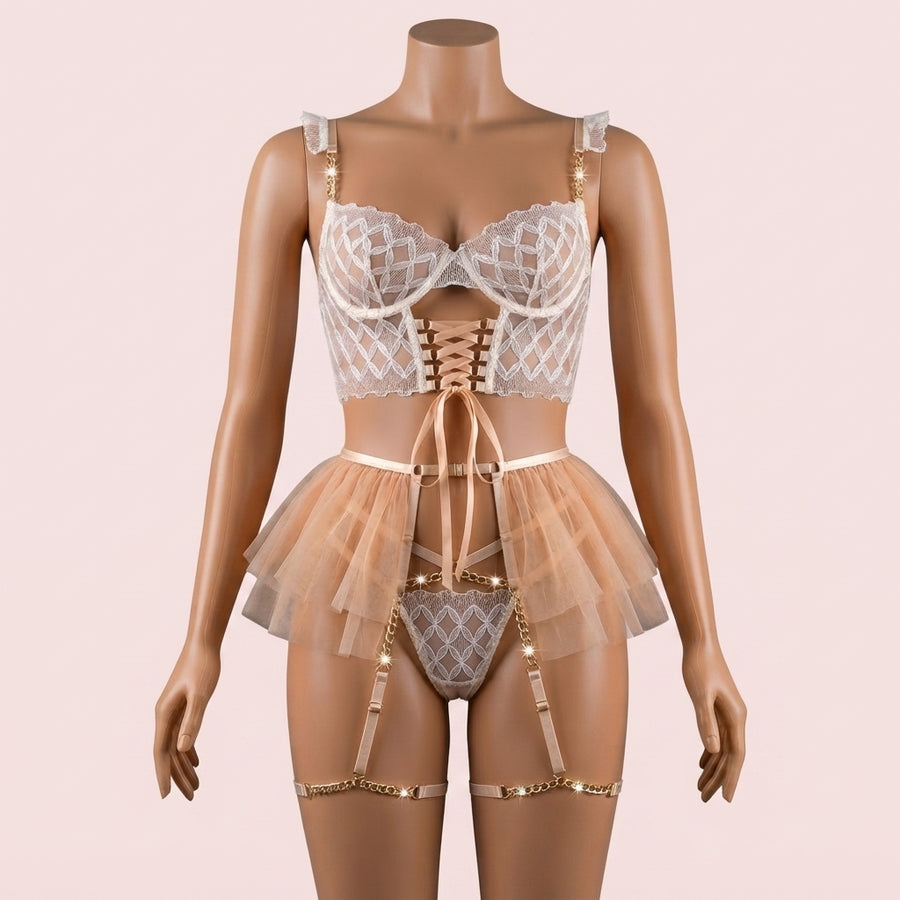 Beige Bra Panty Set with Garter Belt – Lingerie