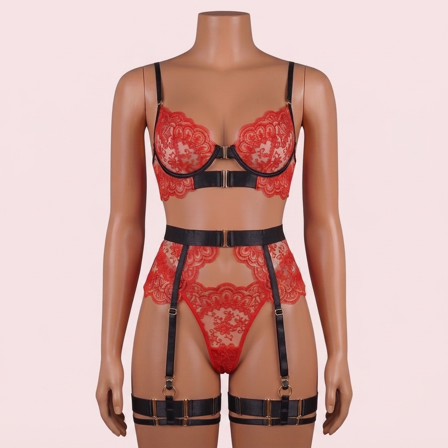 Black Bra Panty Set with Garter Belt and Straps – Lingerie