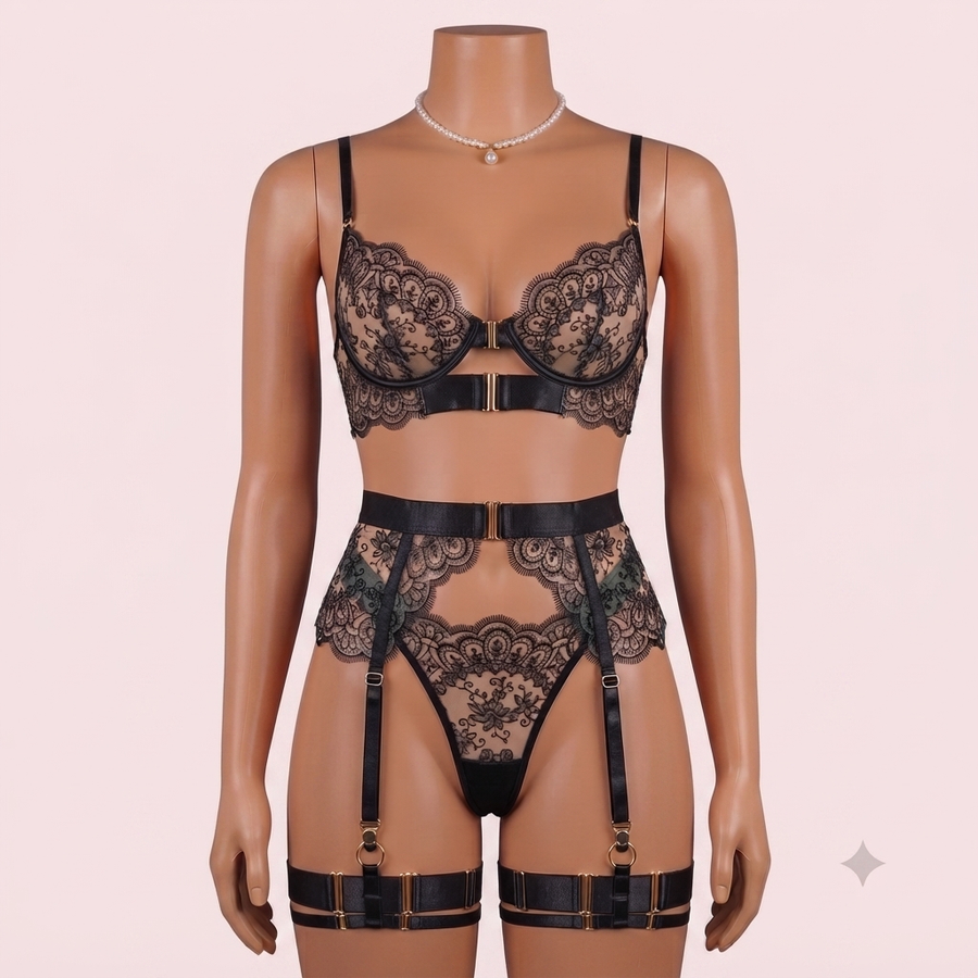 Black Bra Panty Set with Garter Belt and Straps – Lingerie