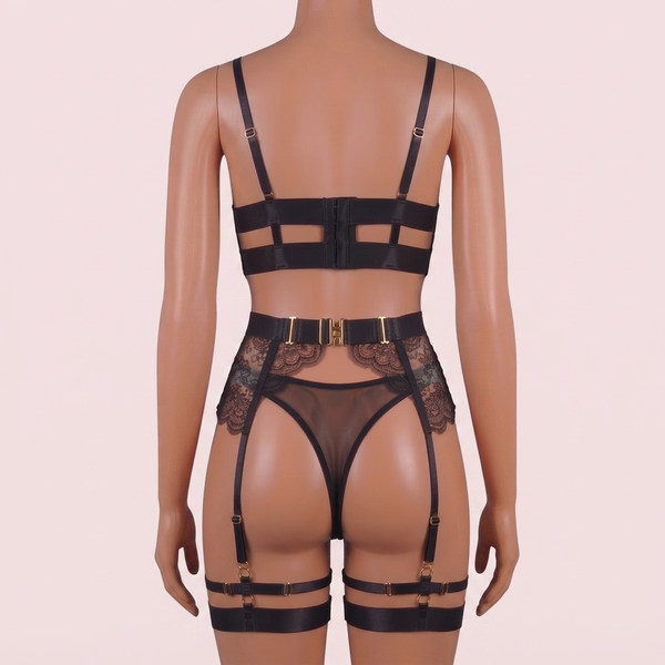 Black Bra Panty Set with Garter Belt and Straps – Lingerie