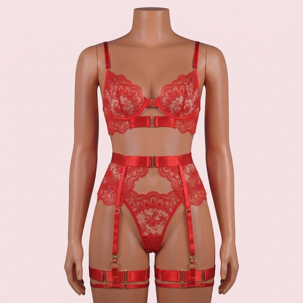 Red Bra Panty Set with Garter Belt and Straps – Lingerie