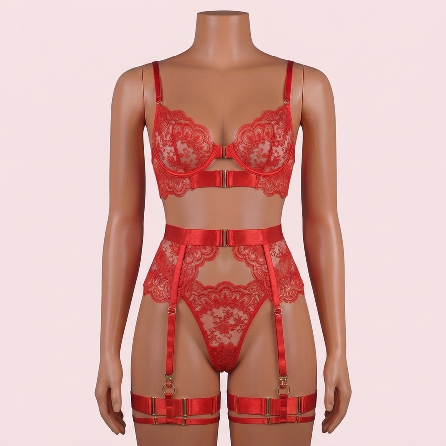 Red Bra Panty Set with Garter Belt and Straps – Lingerie