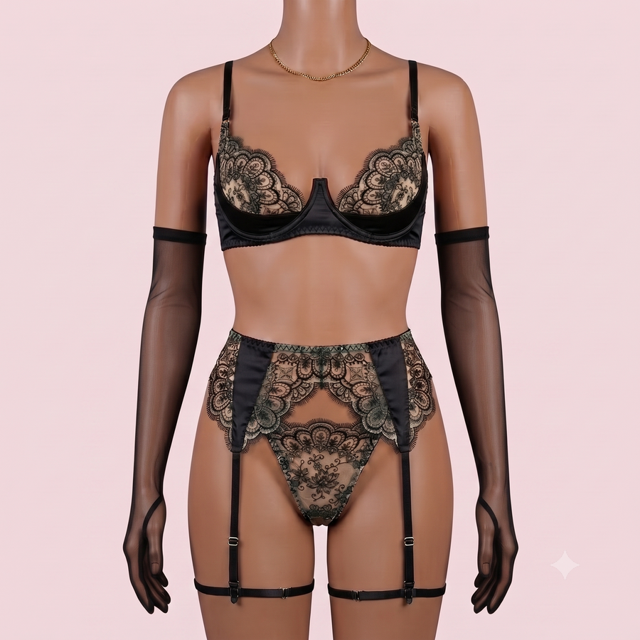Black Bra Panty Set with Garter Belt – Lingerie