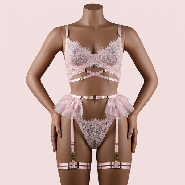 Pink Bra Panty Set with Garter Belt and Straps – Lingerie