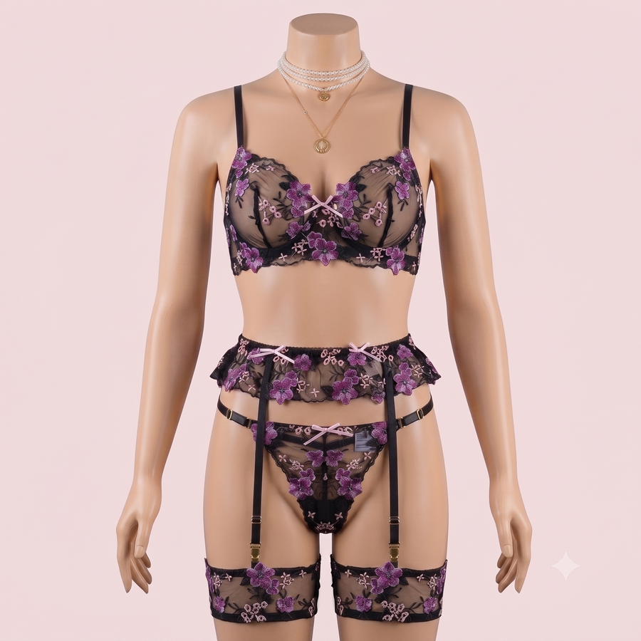 Black Bra Panty Set with Garter Belt and Straps – Lingerie