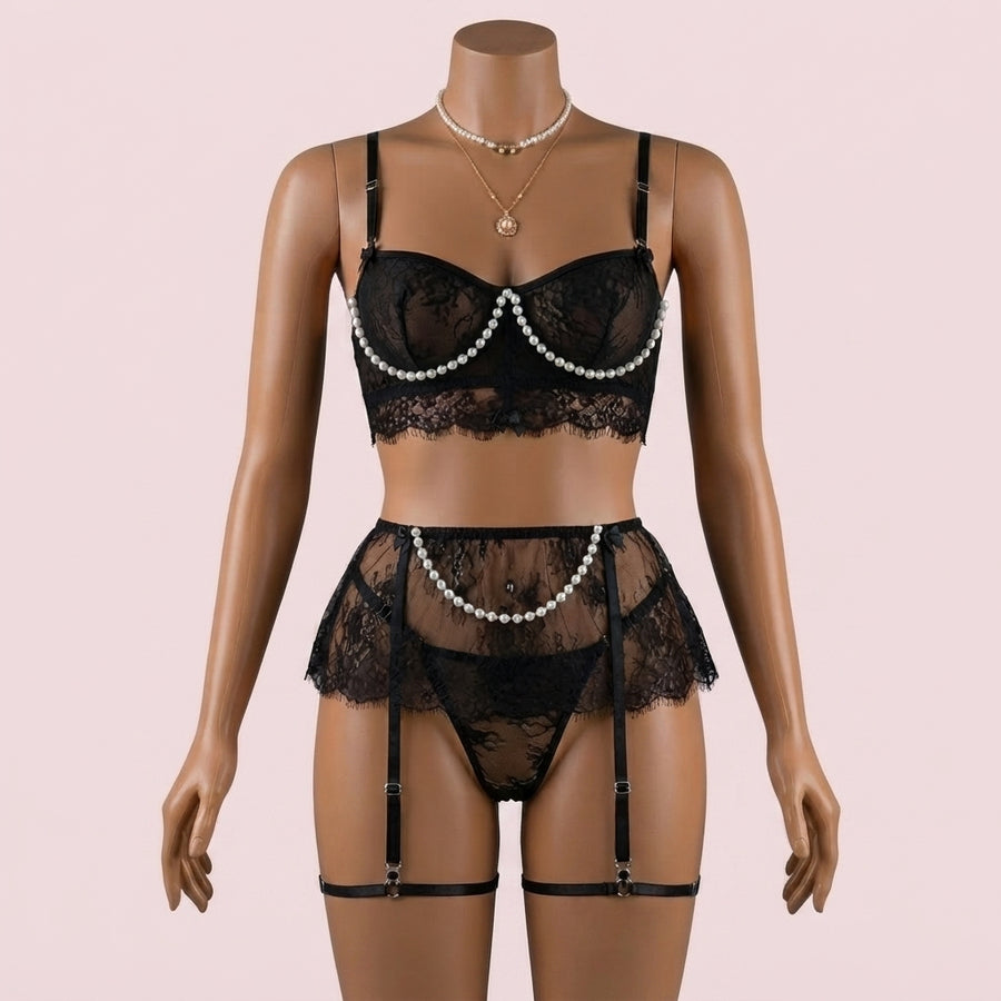Black Bra Panty Set with Garter Belt and Straps – Lingerie