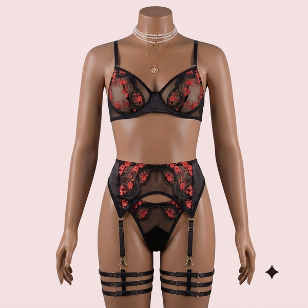 Red Bra Panty Set with Garter Belt and Straps – Lingerie