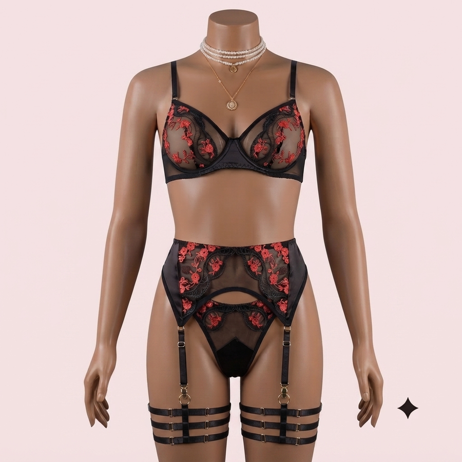 Red Bra Panty Set with Garter Belt and Straps – Lingerie