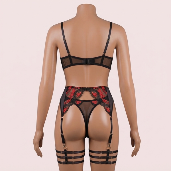 Red Bra Panty Set with Garter Belt and Straps – Lingerie