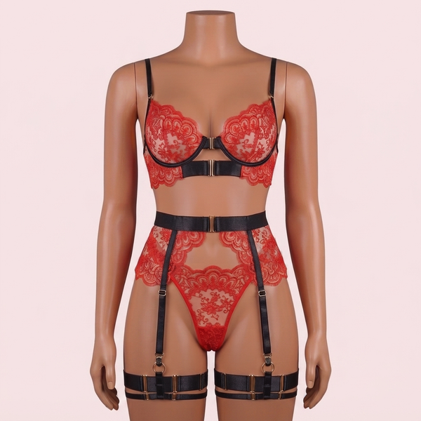 Black Bra Panty Set with Garter Belt and Straps – Lingerie