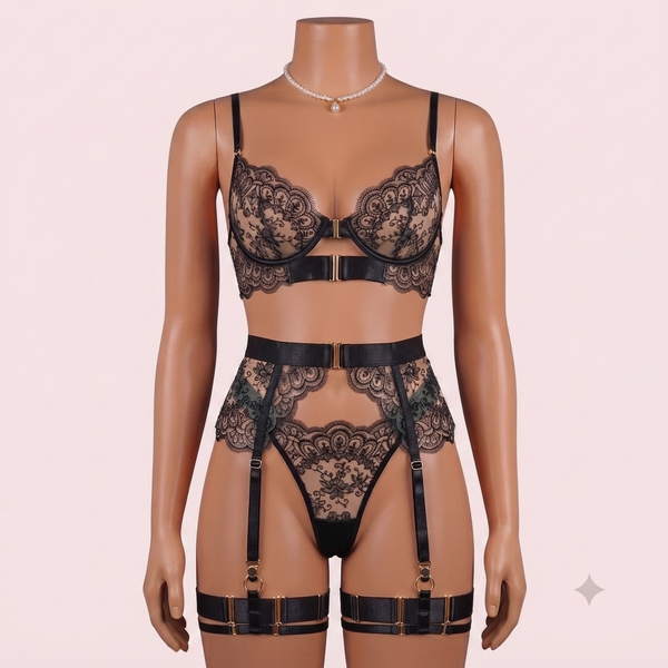 Black Bra Panty Set with Garter Belt and Straps – Lingerie