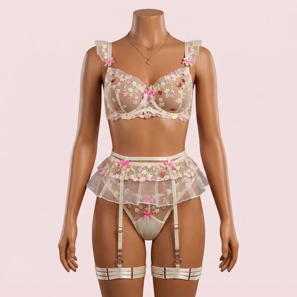 Pink Bra Panty Set with Garter Belt and Straps – Lingerie