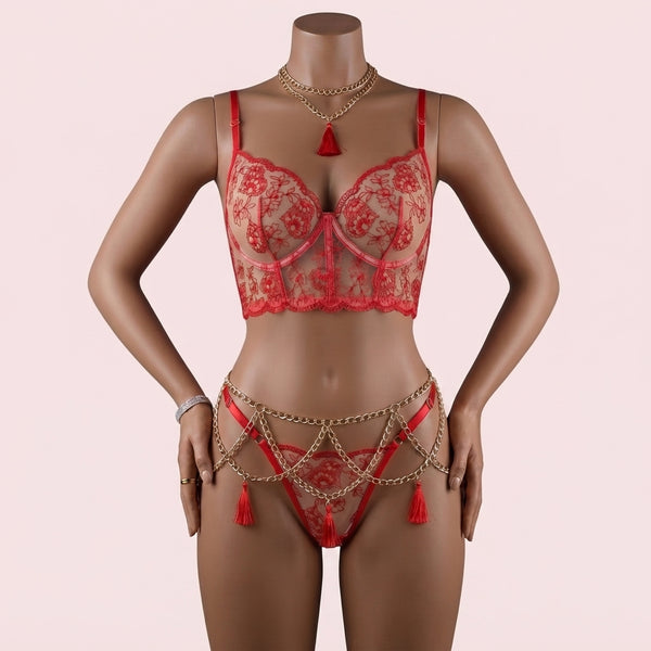 Red Bra Panty Set with Garter Belt – Lingerie