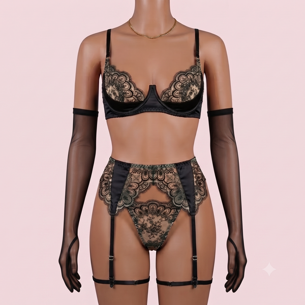 Black Bra Panty Set with Garter Belt – Lingerie