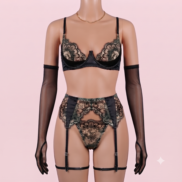 Black Bra Panty Set with Garter Belt – Lingerie