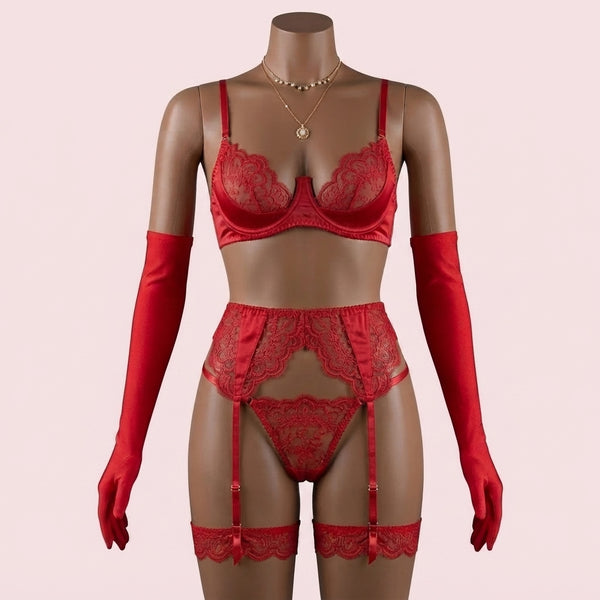 Red Bra Panty Set with Garter Belt – Lingerie