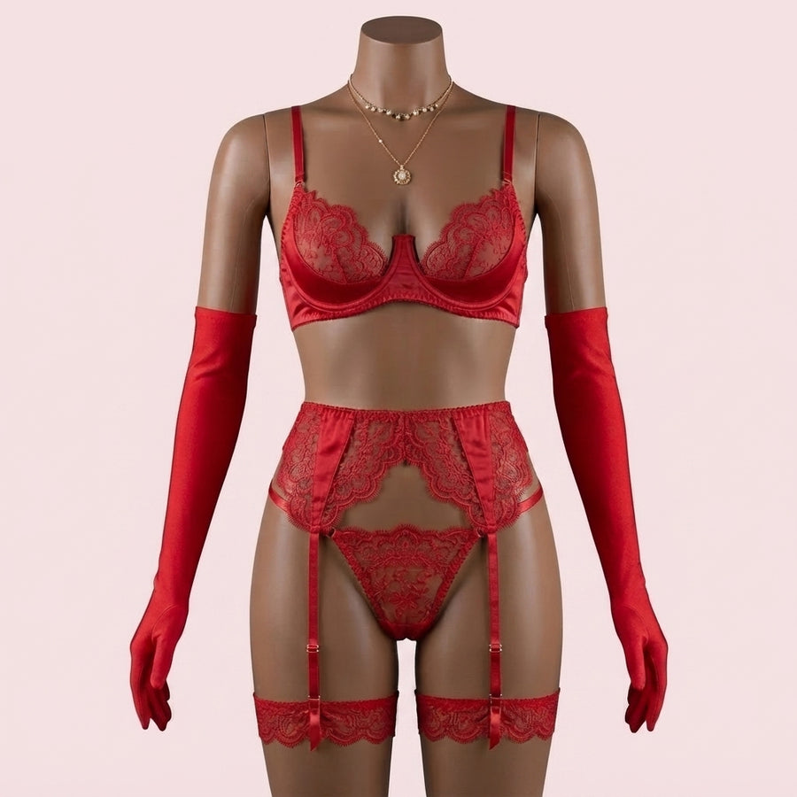 Red Bra Panty Set with Garter Belt – Lingerie