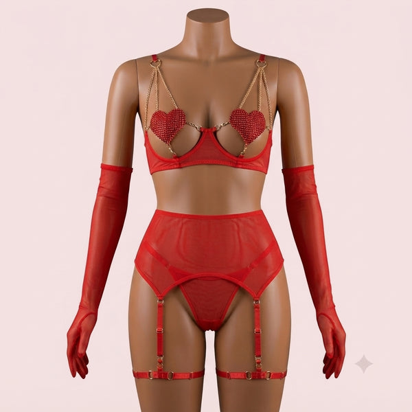 Red Bra Panty Set with Garter Belt – Lingerie