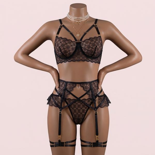 Beige Bra Panty Set with Garter Belt and Straps – Lingerie