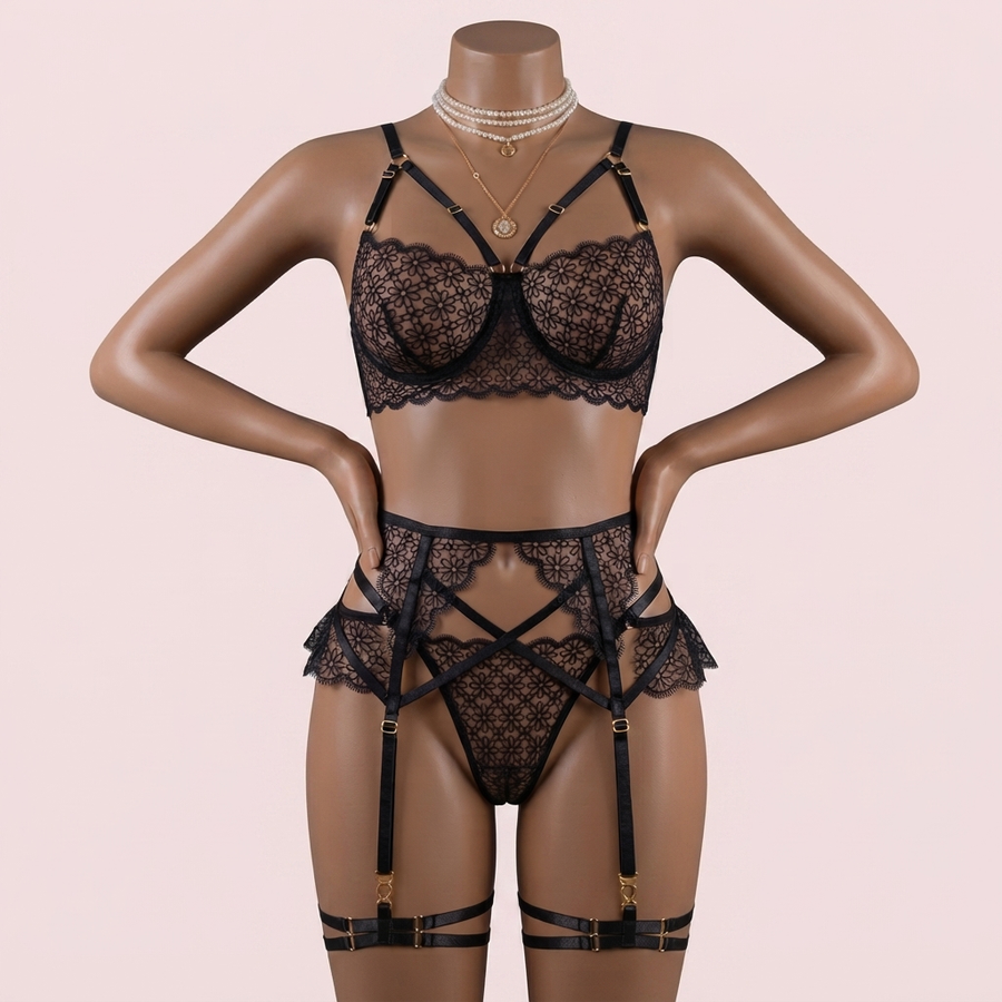 Beige Bra Panty Set with Garter Belt and Straps – Lingerie
