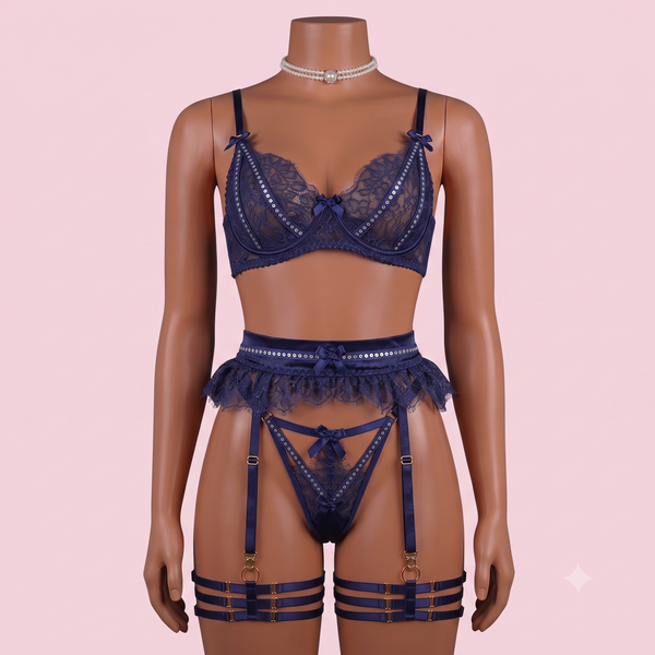 Blue Bra Panty Set with Garter Belt and Straps – Lingerie