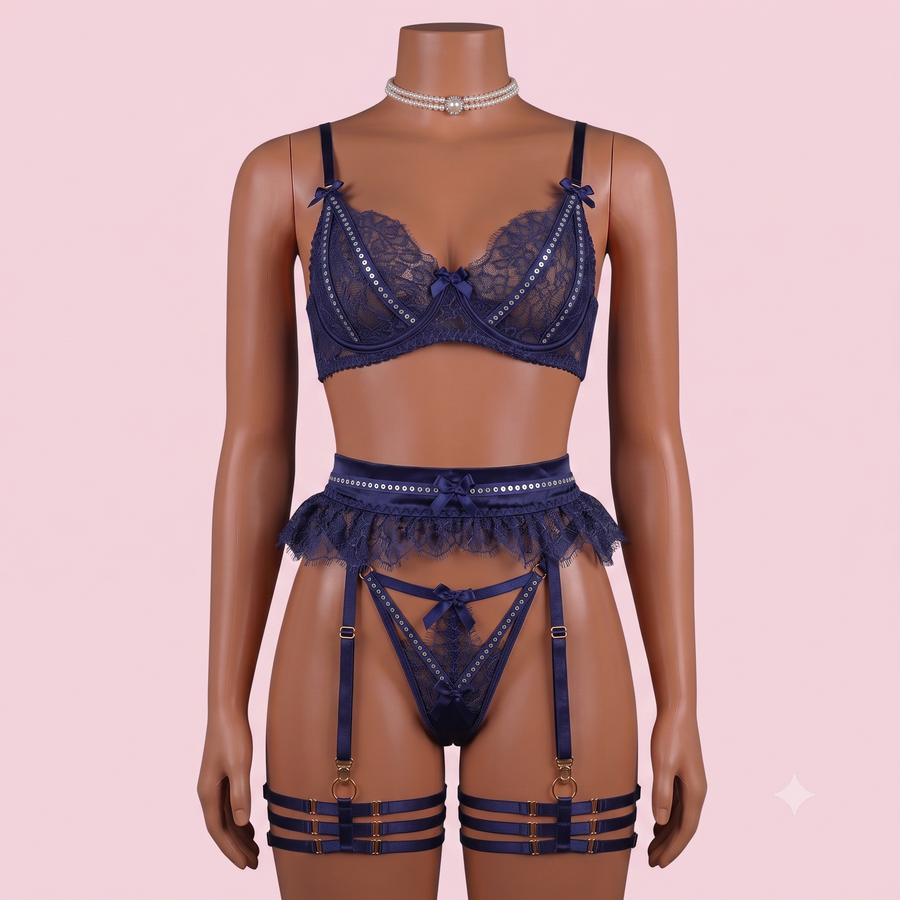Blue Bra Panty Set with Garter Belt and Straps – Lingerie