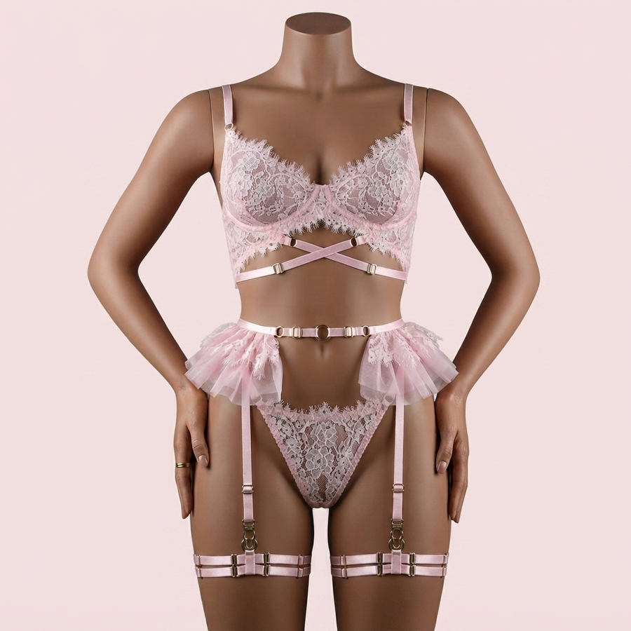 Pink Bra Panty Set with Garter Belt and Straps – Lingerie