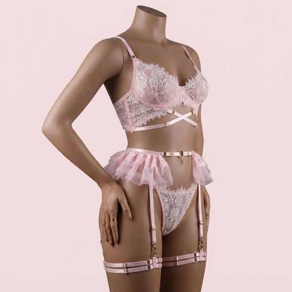 Pink Bra Panty Set with Garter Belt and Straps – Lingerie