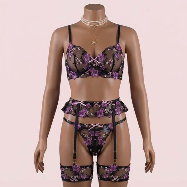 Black Bra Panty Set with Garter Belt and Straps – Lingerie