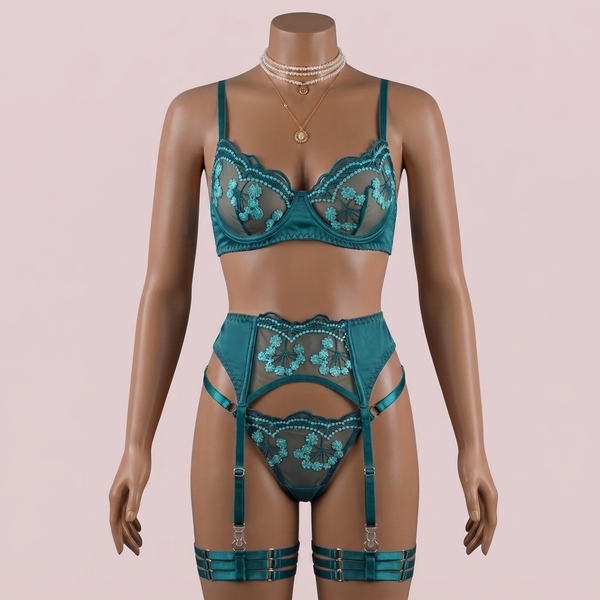 Green Bra Panty Set with Garter Belt and Straps – Lingerie