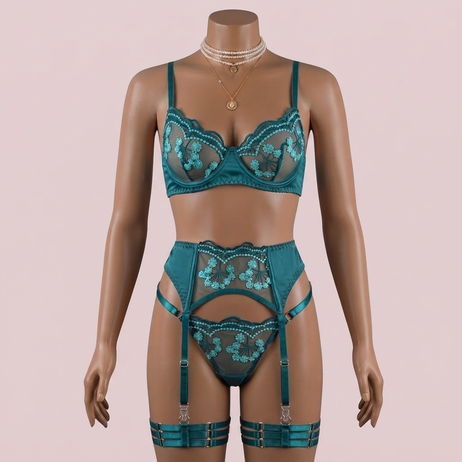 Green Bra Panty Set with Garter Belt and Straps – Lingerie
