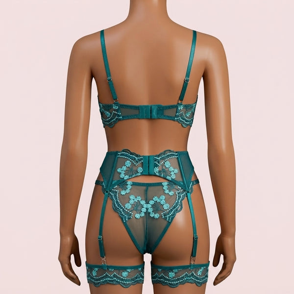 Green Bra Panty Set with Garter Belt and Straps – Lingerie