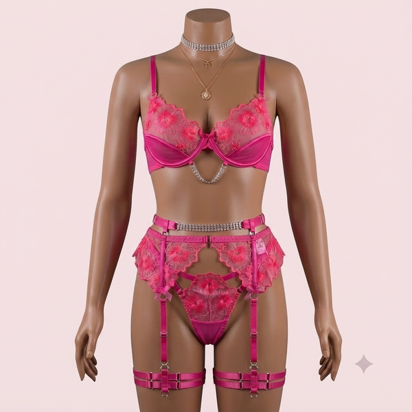 Pink Bra Panty Set with Garter Belt and Straps – Lingerie