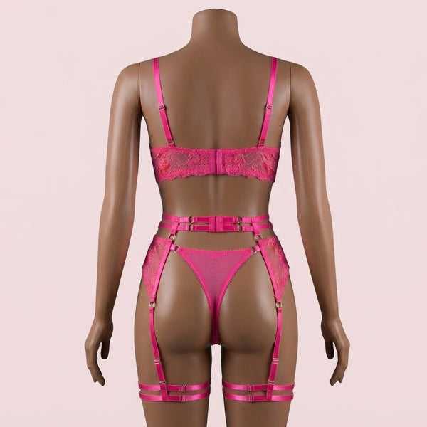 Pink Bra Panty Set with Garter Belt and Straps – Lingerie