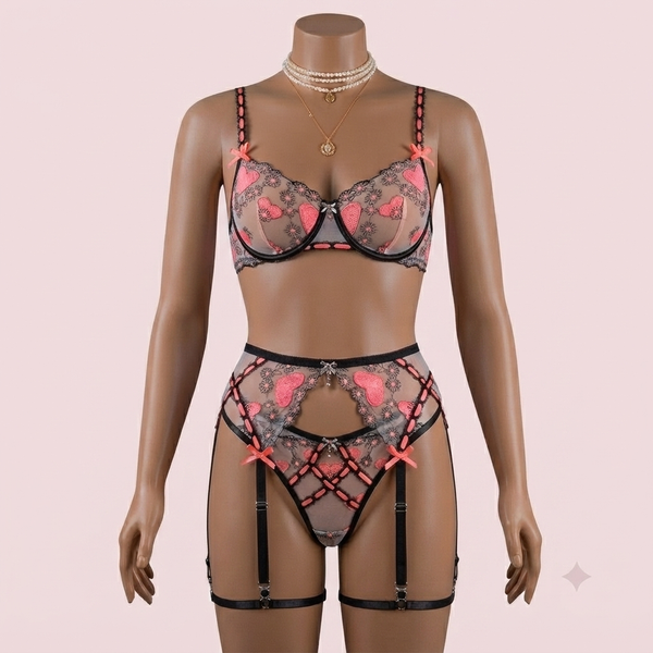 Black Bra Panty Set with Garter Belt and Straps – Lingerie