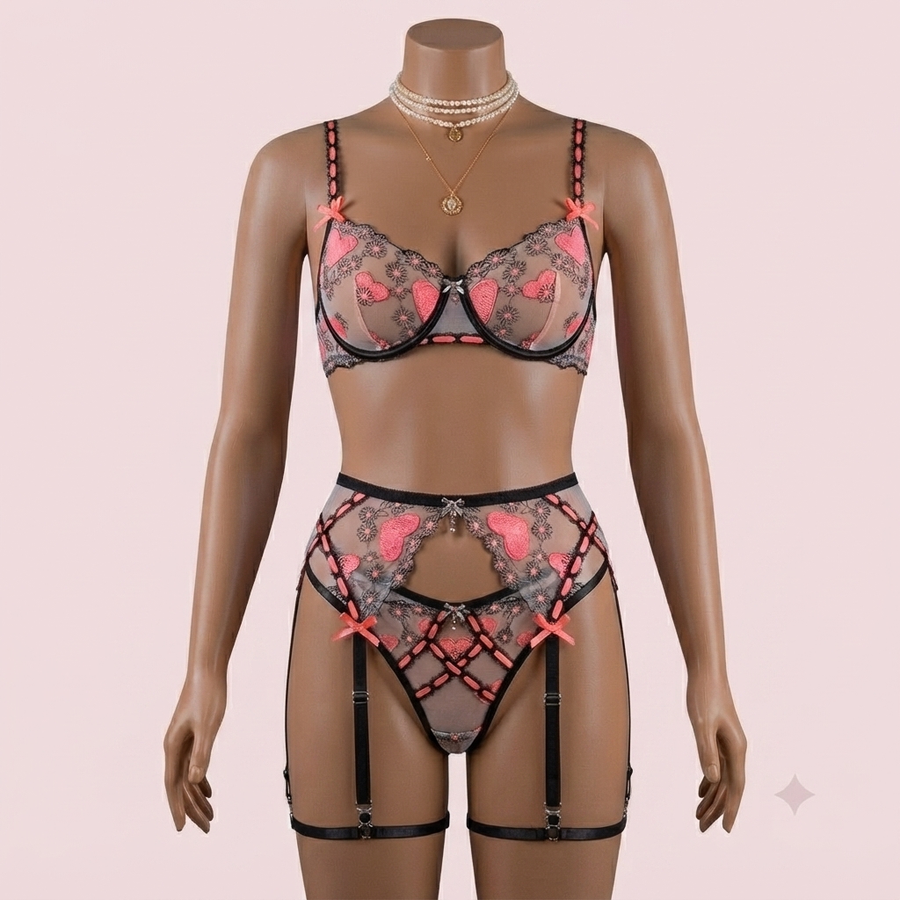 Black Bra Panty Set with Garter Belt and Straps – Lingerie