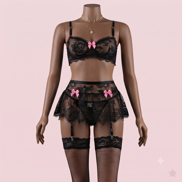 Black Bra Panty Set with Garter Belt – Lingerie