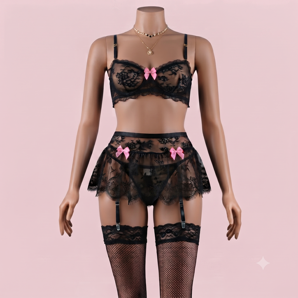 Black Bra Panty Set with Garter Belt – Lingerie