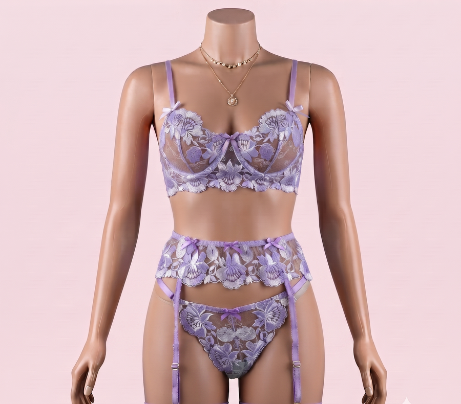 Lilac Bra Panty Set with Garter Belt – Lingerie