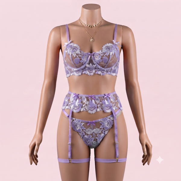 Lilac Bra Panty Set with Garter Belt – Lingerie