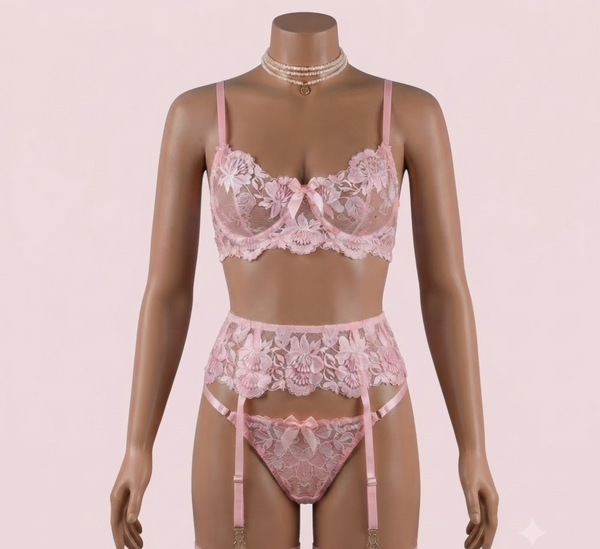 Pink Bra Panty Set with Garter Belt – Lingerie