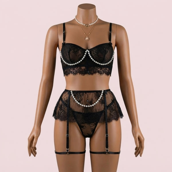 Black Bra Panty Set with Garter Belt and Straps – Lingerie
