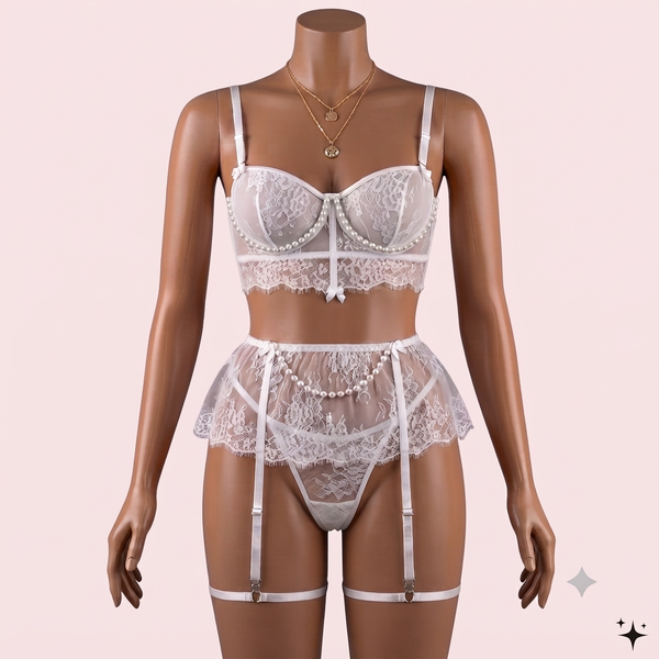 White Bra Panty Set with Garter Belt and Straps – Lingerie