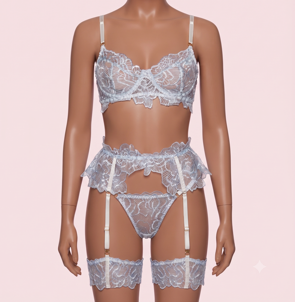 Blue Bra Panty Set with Garter Belt and Straps – Lingerie