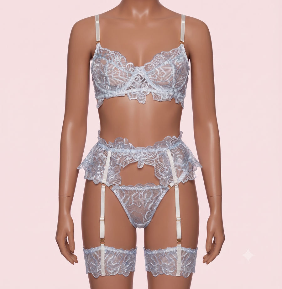 Blue Bra Panty Set with Garter Belt and Straps – Lingerie