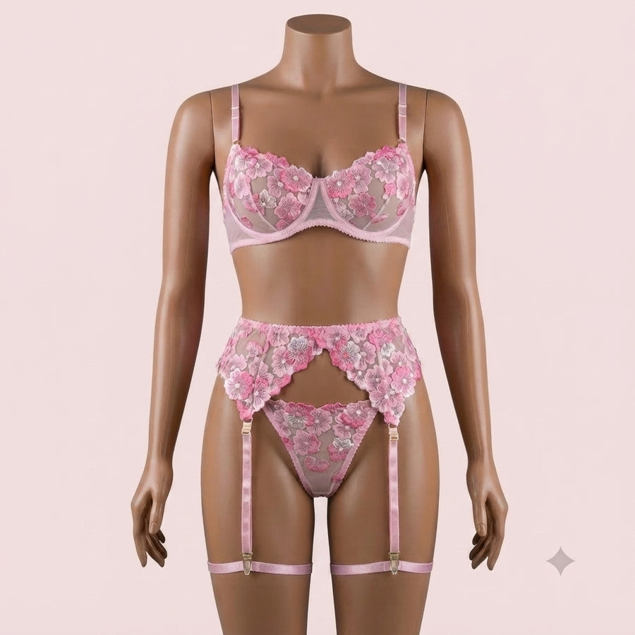 Pink Bra Panty Set with Garter Belt and Straps – Lingerie