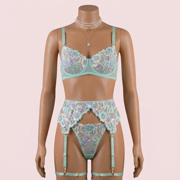 Green Bra Panty Set with Garter Belt and Straps – Lingerie