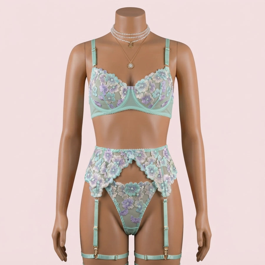 Green Bra Panty Set with Garter Belt and Straps – Lingerie